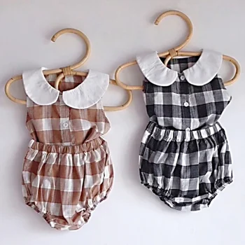 

Girls Clothing Sets Baby Girls Sleeveless T Shirt Plaid Tops Tops + Shorts 2pcs Children Cotton Summer Clothes Suits5