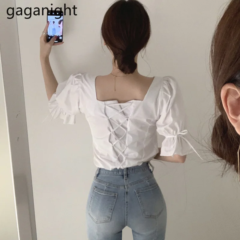 

Gaganight Women French Style Short Sleeve Blouse Sexy Back Bandage Square Collar Solid Short Shirts Ladies Summer Tops Chic