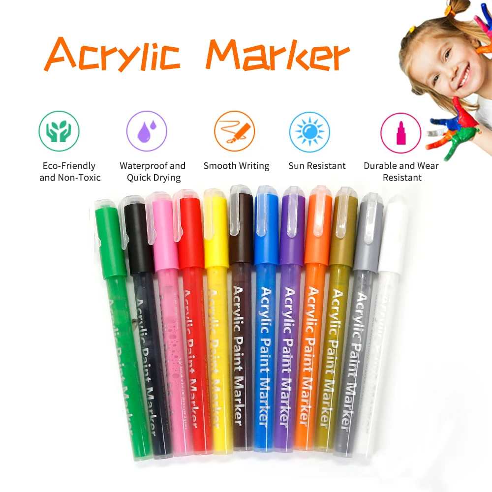 12/24/36 Colors Acrylic Paint Markers Set Water-Based Art Marker Pen 0.7-3mm Fine Tip for DIY Craft Canvas Ceramic Glass Stone