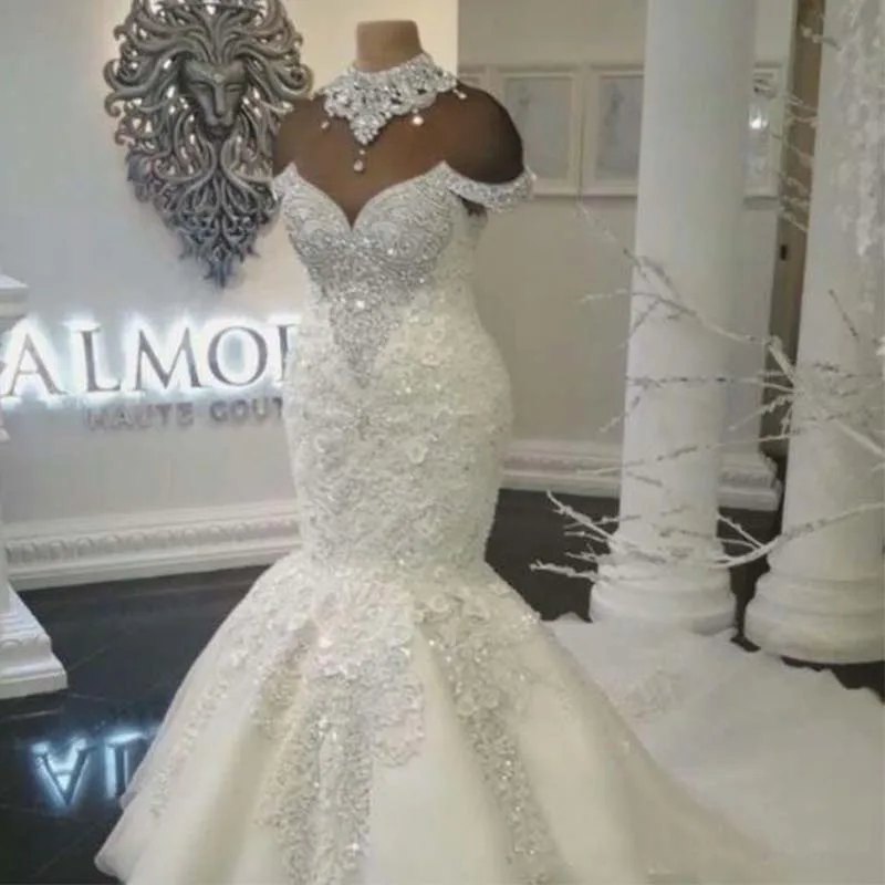 Luxury Dubai Arabic Mermaid Wedding Dress 2019 Beaded Crystals Court Train Bridal Gowns Plus Size Custom Made | Свадьбы и торжества