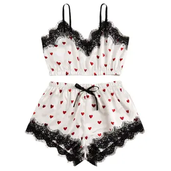 

Women Sexy Satin Pajamas Set Eyelash Lace Camisole Red Heart Shorts Nightwear T4MD