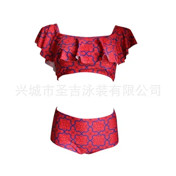 

New lovely double-decked lotus-edged swimsuit in Europe and America, printed shorts, shoulder bikini, quick-selling explosive sw