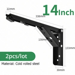 Heavy Duty Stainless Steel Folding Shelf Brackets - Space-Saving Collapsible Support (Set of 2) (Black 14inch)