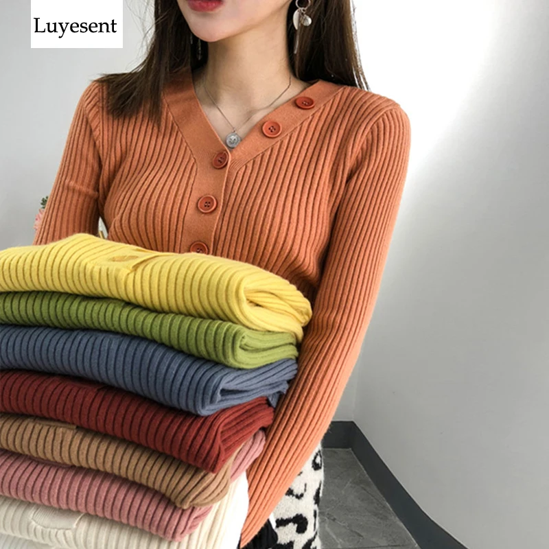 

10 Colors Solid Pullover Sweaters Women Knit Slim V Neck Long Sleeve Stretch Casual Basic Sweater 2019 Autumn Winter Buttons Top