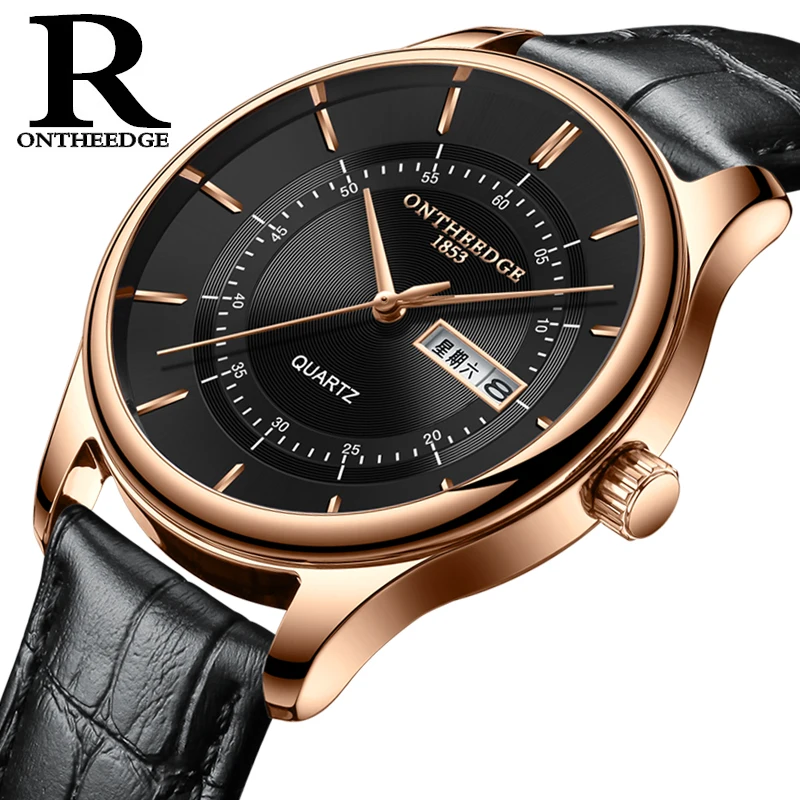 Black gold ONTHEEDGE, новинка, мужские часы, Топ бренд, люкс класс, 30 м, водонепроницаемые, кожа, часы для мужчин, Роскошные, повседневные часы, черные, наручные часы - Цвет: Black gold