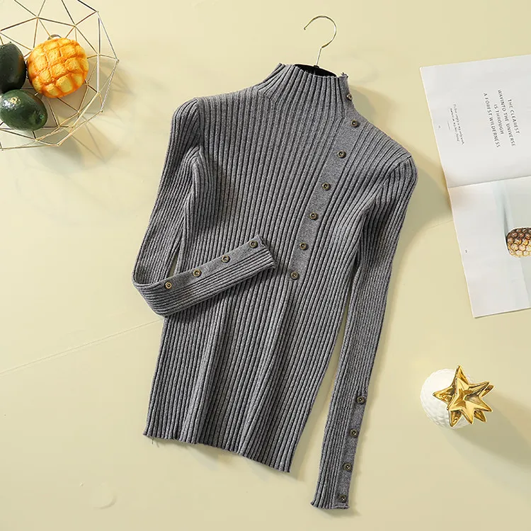 Fashion Turtleneck Sweater Women Long Sleeve Button Decoration Slim Women Pullover Sweater 2019 Autumn Winter Female Jumpers (33)