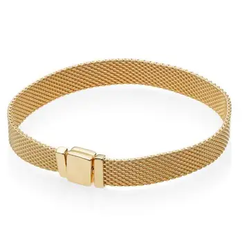 

Original 925 Sterling Silver Bracelet Gold Color Shine Woven Mesh Reflexions Bangle Fit Women Bead Charm Diy Fashion Jewelry