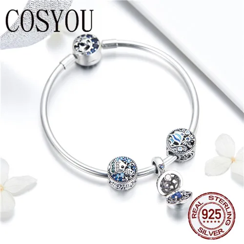 Kopen COSYOU 100% 925 Sterling Zilver Tropische Vissen Ocean Charm Armbanden voor Vrouwen Moon Star Blauw Armband Bangle Sieraden SCB813