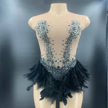 

Singer Costume Rhinestones Transparent Black Feather Dress Dance Celebrate Dress Outfit Women's Birthday Bar Prom Party Dresses