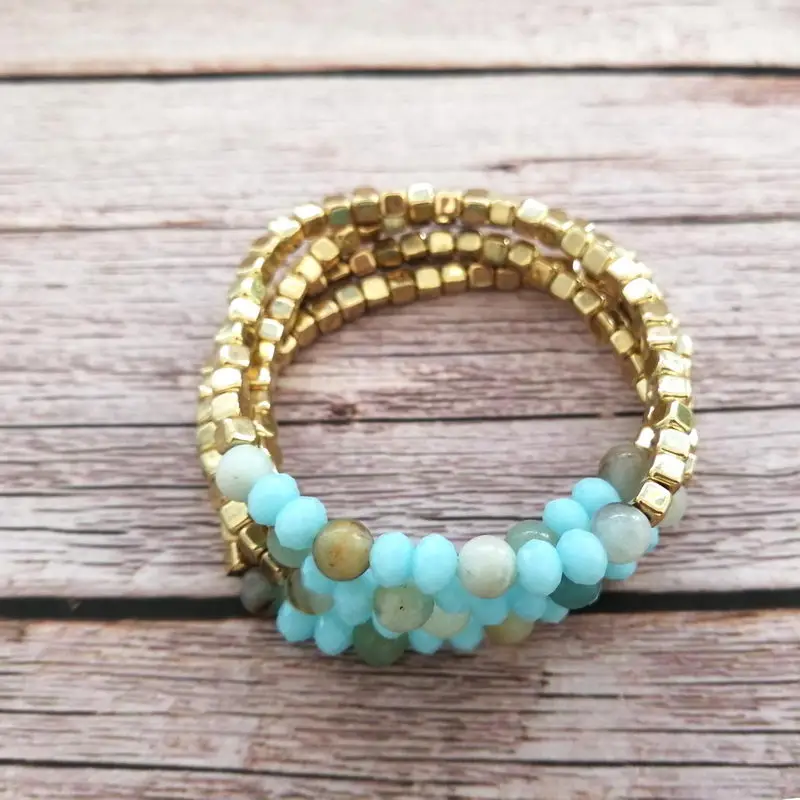 

4 PCS/Set ZWPON Gold Cube Beads CCB Glass Beaded Bracelets for Women Gold Filled Elastic Natural Stone Bangles Set Jewelry