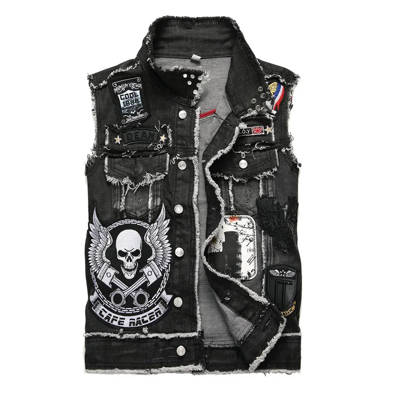 

Autumn Punk Denim Vest Men's Patch Embroidery Stitching Skull Nailed Black Badge Motorcycle Coat