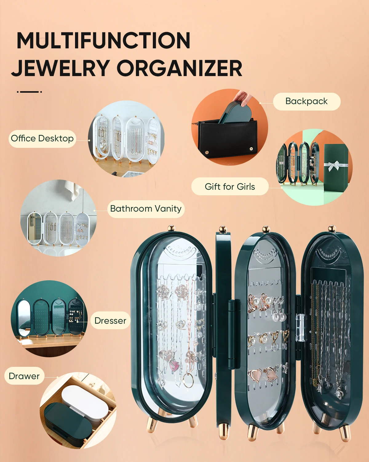 Foldable Jewellery Organizer with Mirror For Ear Rings & Necklace