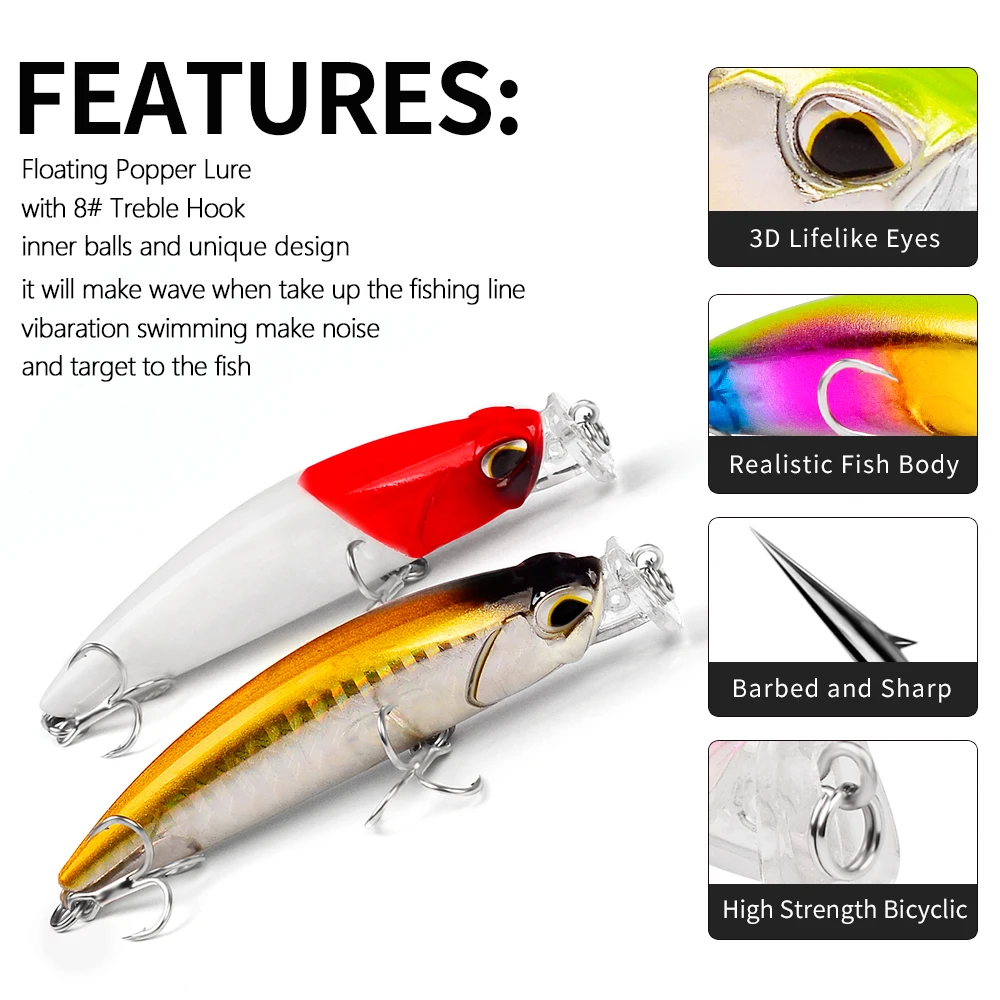 PROBEROS 1PCS Floating Popper Wobblers 8cm-10g Topwater Fishing Lures  Artificial Hard Baits Crankbaits Bass Fishing Tackle