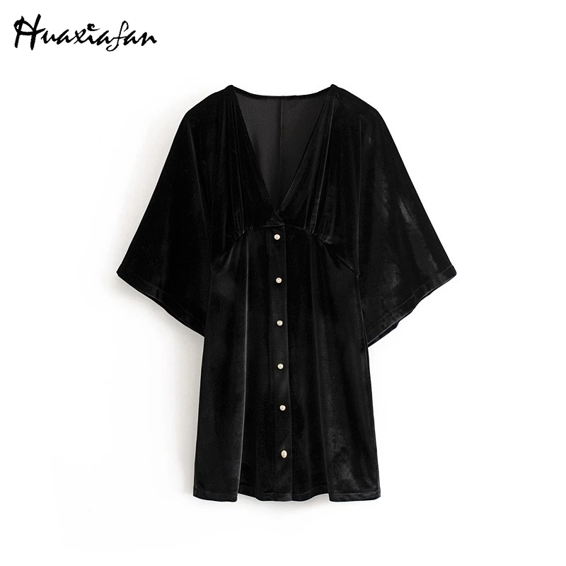 Huaxiafan, черное сексуальное платье, женское, Осеннее, рукав "летучая мышь", v-образный вырез, кнопка, мини платье, женское, винтажное, ТРАПЕЦИЕВИДНОЕ ПЛАТЬЕ, сплошной цвет, Mujer