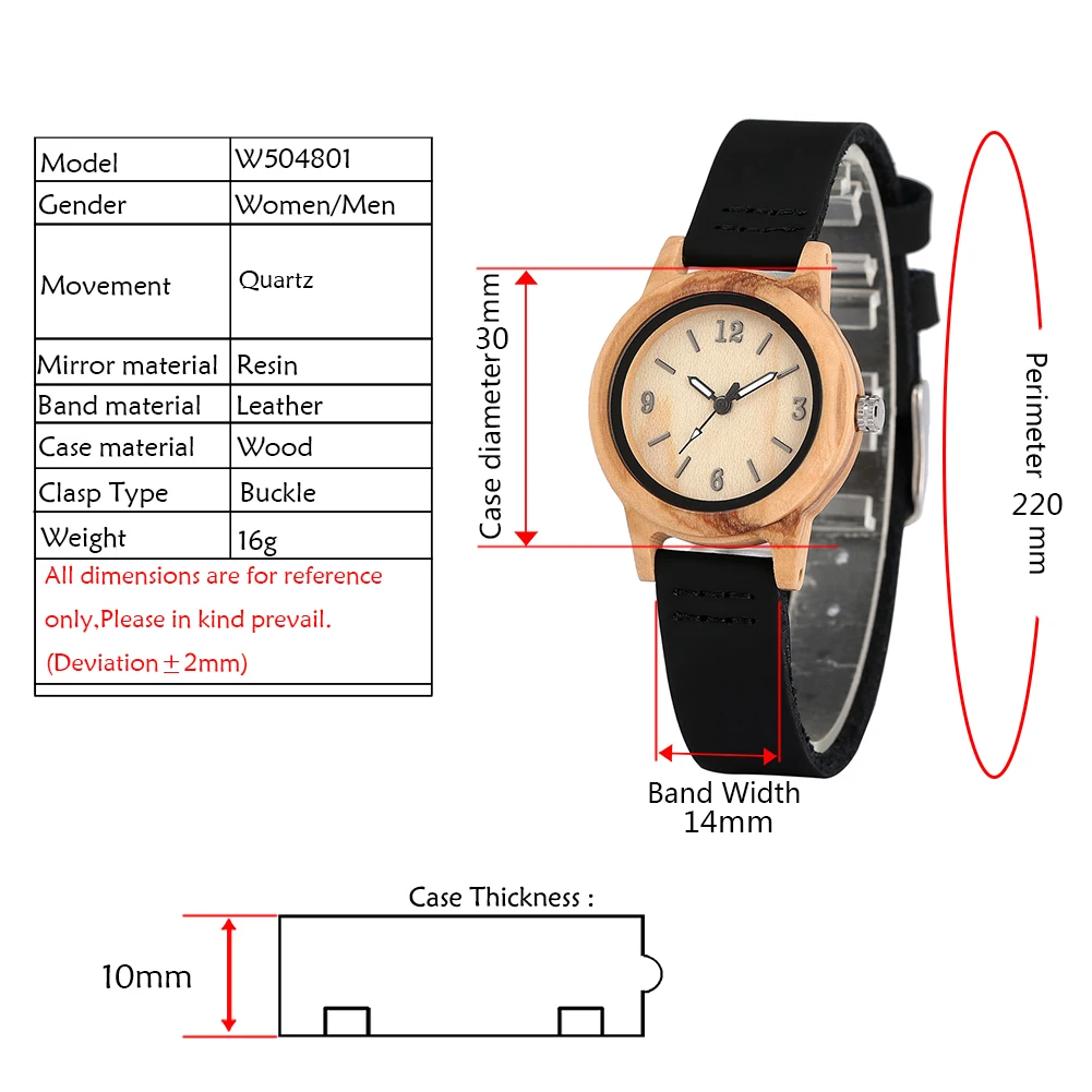 Коричневый корпус деревянные часы практичный кожаный черный ремешок деревянные часы маленькие арабские цифры ультра-легкие деревянные часы женские подарки