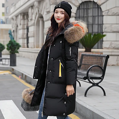 Зимняя куртка, Женская парка, теплые куртки, черные длинные пальто для женщин, натуральный мех енота, воротник с капюшоном, пальто для женщин - Цвет: 70x18 Fur Black