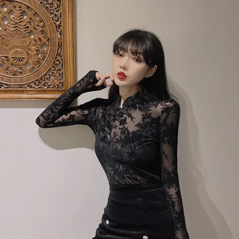 Girls Transparent Lace Blouses Shirts Tees Female Chinese Style Turtleneck Vintage Full Sleeve Black Blouses Tops For Women 5