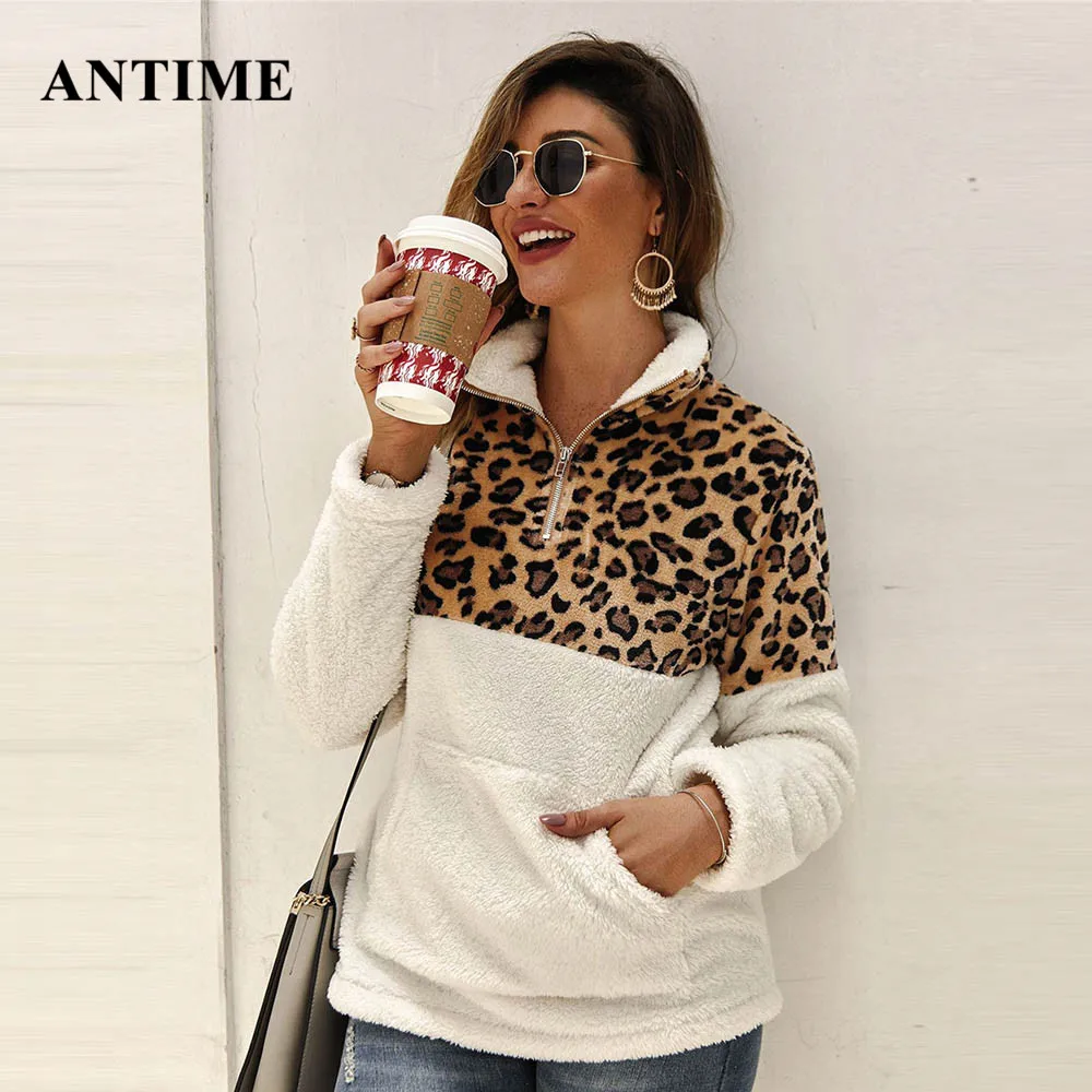 

Antime Leopard Print Plush Hoodies Women Sweatshirts 2019 Autumn Winter Casual Long Sleeve Patchwork Top Warm Pullovers Hooded