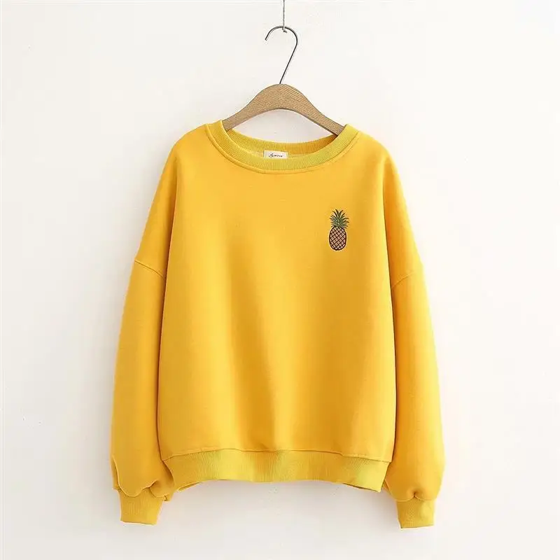 

Cashmere Fleece Hoodie Mujer Warm Thick Pullovers Yellow Preppty Style Pineapple Embroidery Sweatshirt Women Casual Outerwear