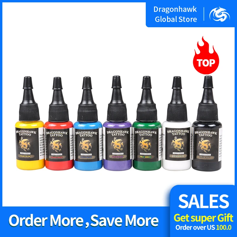 Чернила для тату dragonhawk 7-PACK основной набор цветов 0,5 oz бутылки