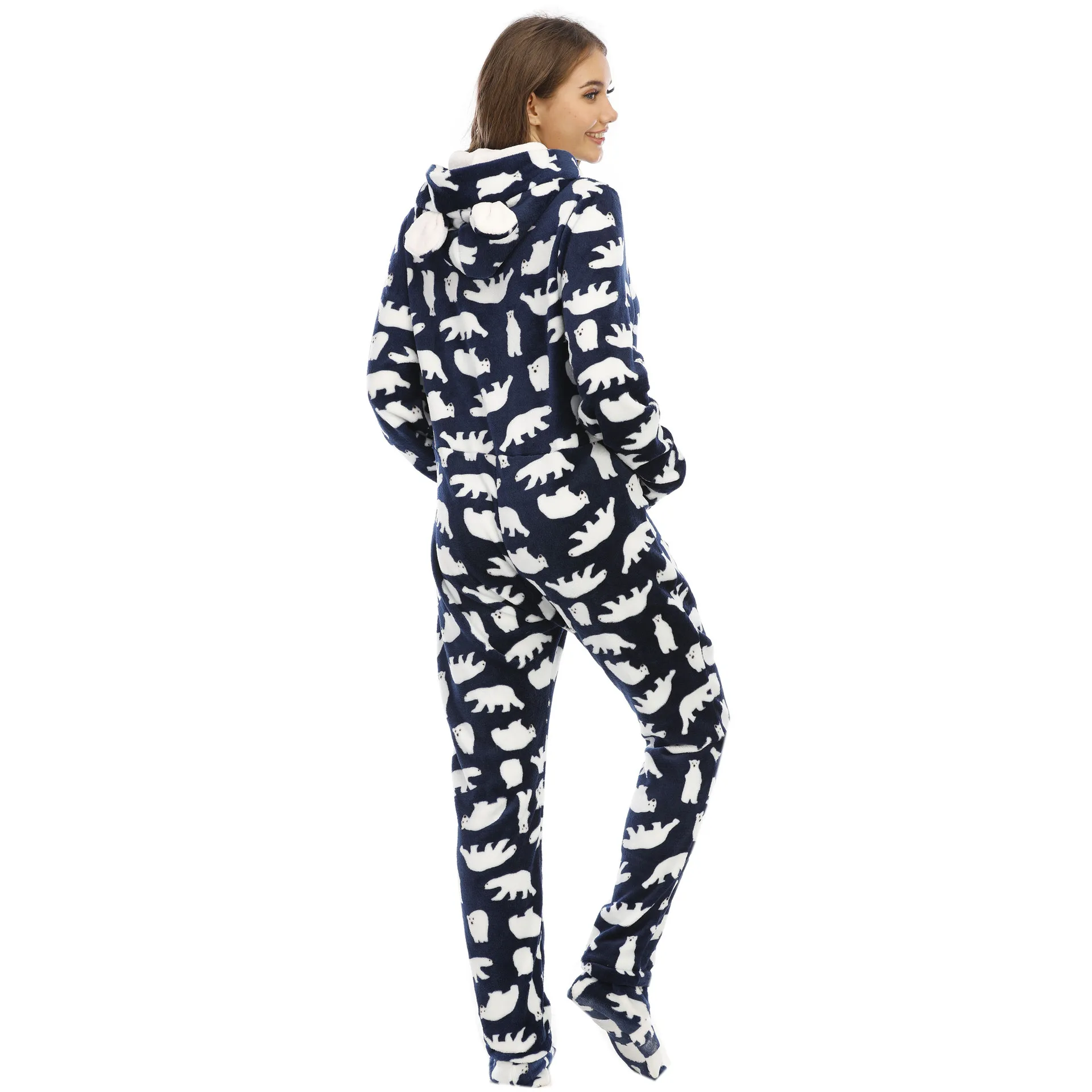 Winter European And American Ladies Pajamas Flannel Animal Print Foot Cover One-piece Home Service Pyjamas