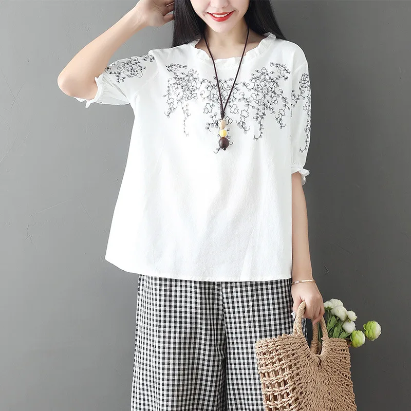 

2019 Summer Embroidery Literature And Art Hipster Loose Short Sleeve Cotton Linen T-shirt + Capri Loose Pants Fashion Leisure Su