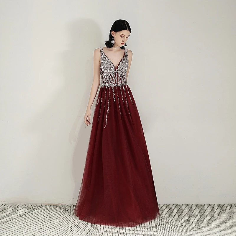 

Luxury Burgundy Evening Dresses A-Line V-Neck Shiny Sequins Beads Sleeveless Ceremony Cocktail Formal Party Guest Prom Gowns