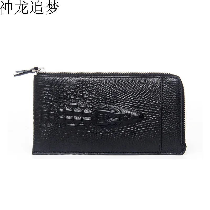 

Men's leather wallet crocodile pattern zipper leather clutch bag mobile phone bag business money clip thin money bag card pocket