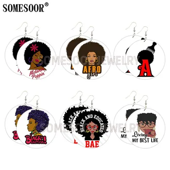 

SOMESOOR Melanin Poppin Afro Girl Curls Wooden Drop Earrings BAE Black Educated Both Sides Printed Ear Dangle For Women Gifts