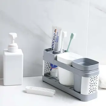 

Home Practical Toothbrush Holder Stand 2 Cup Set Shelf Bathroom Toothpaste Storage Rack Easy to Clean Bathroom Accessories