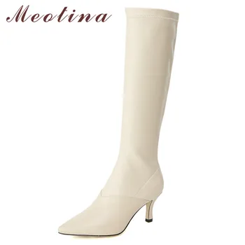 

Meotina Winter Knee High Boots Women Natural Genuine Leather Thin High Heel Long Boots Zipper Pointed Toe Shoes Lady Size 34-39