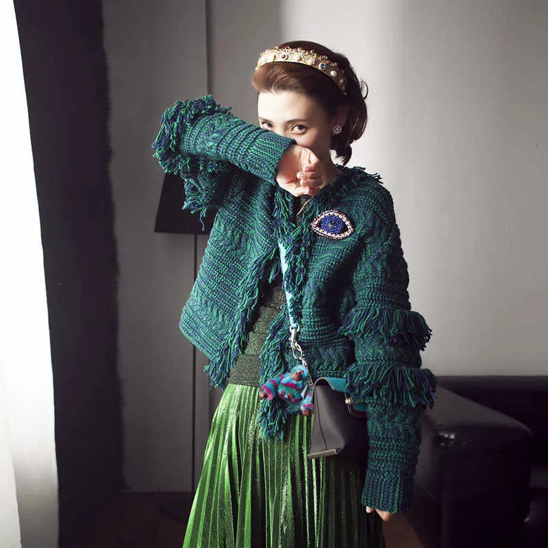 #^Special Price Vintage Knitted Tassel Sweater Korea Fashion Elegant Cardigan 2020 Autumn Diamonds Dark Green Thick Sweater Jacket Overcoat B012