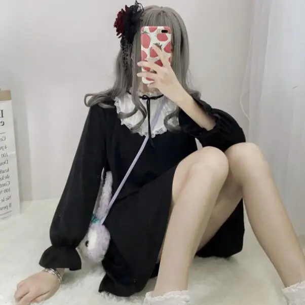 Японское платье Kawaii 2020 милое Черное женское с кружевным бантом готика стиль