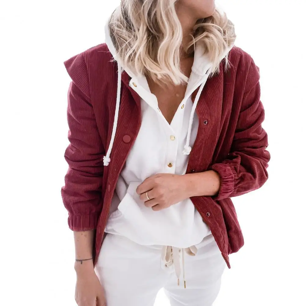 

Ladies Coat Long Sleeve Solid Color Hooded Jacket Single Breasted Turn-down Collar Ribbed Cuff Corduroy Casual Outwear