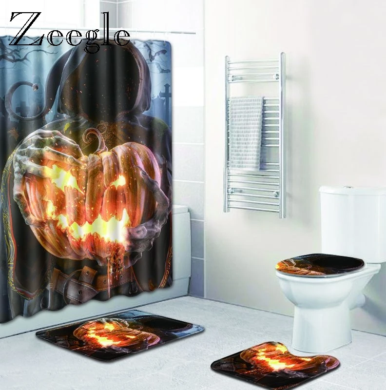 Zeegle Halloween Bath Mat Set Pedestal Rug Lid Toilet Cover Toilet U Type Mat Waterproof Shower Curtain Anti-slip Bath Doormat