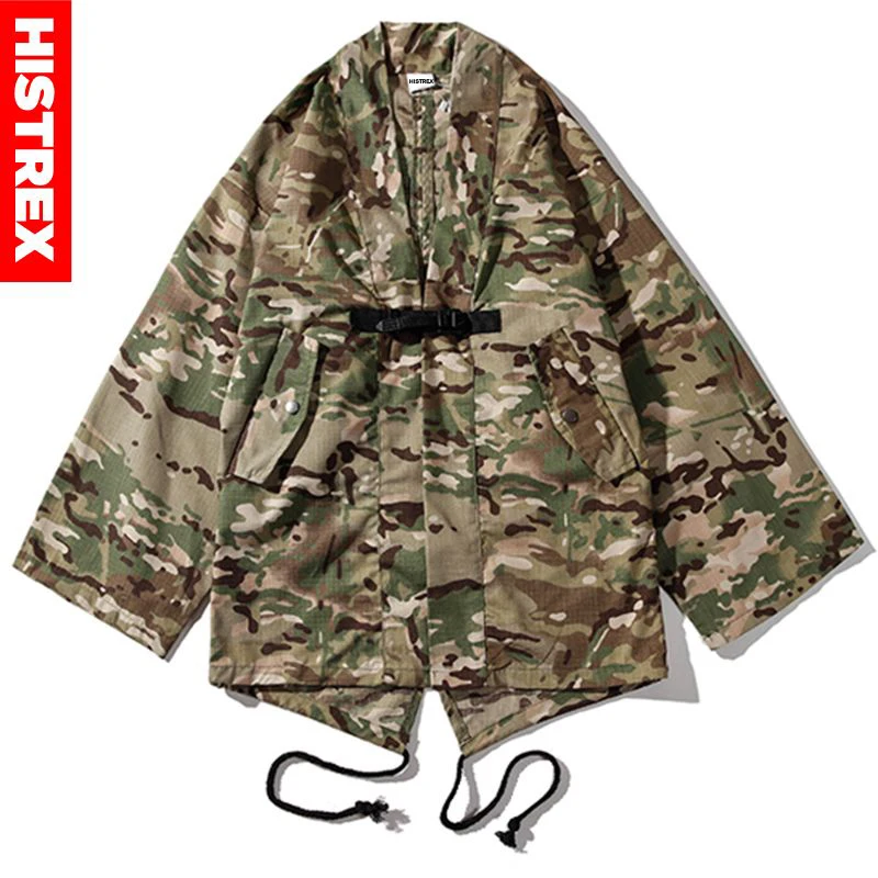 Cena HISTREX mężczyzna kurtka japońskie kimono Camo kurtki w stylu japońskim Hip Hop kamuflaż otwórz Stitch kimono płaszcz Khaki Streetwear HT9HU #