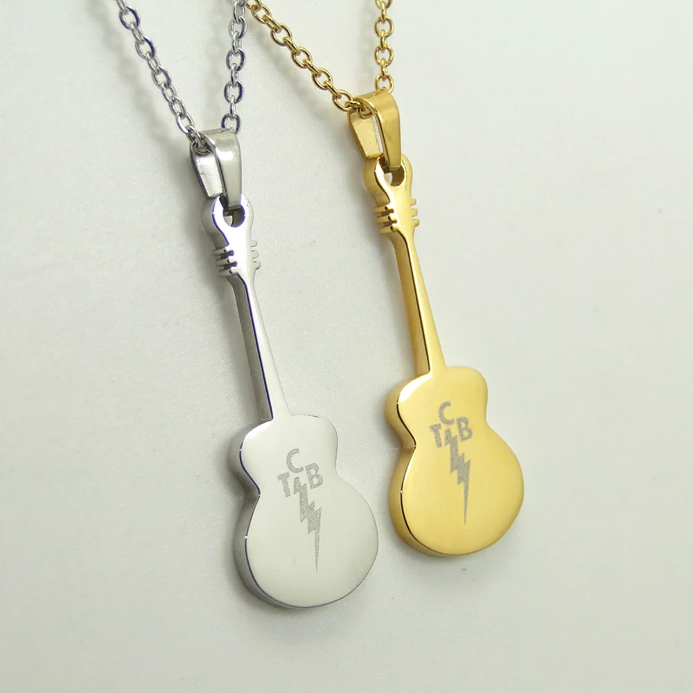 

Elvis Fans Memarial Gift Guitar lute Pendant Necklace Gold Stainless Steel Jewelry Engraved TCB Lightning DropShipping wholesale