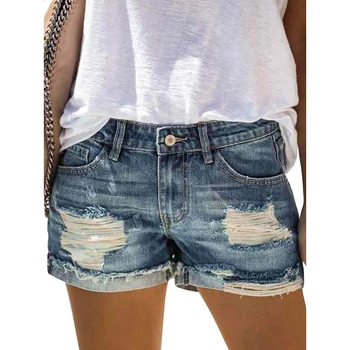 

Women Mid-waist Curled Hem Ripped Frayed Denim Shorts Zipper Functional Pocket Button Closure Slim Fit Stretchy Machine Washable