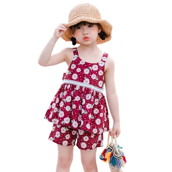 

2020 New Girls Summer Fashion Floral Suspenders Shorts Two-piece Set Flower Printed Top + Pants For Kids