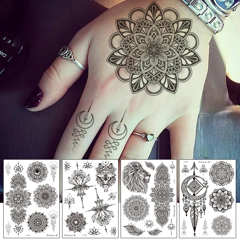 Black sketch temporary tattoo Vintage hand back pattern tattoo sticker Mandala flower collarbone Lace Lion  fake tatto tatuajes