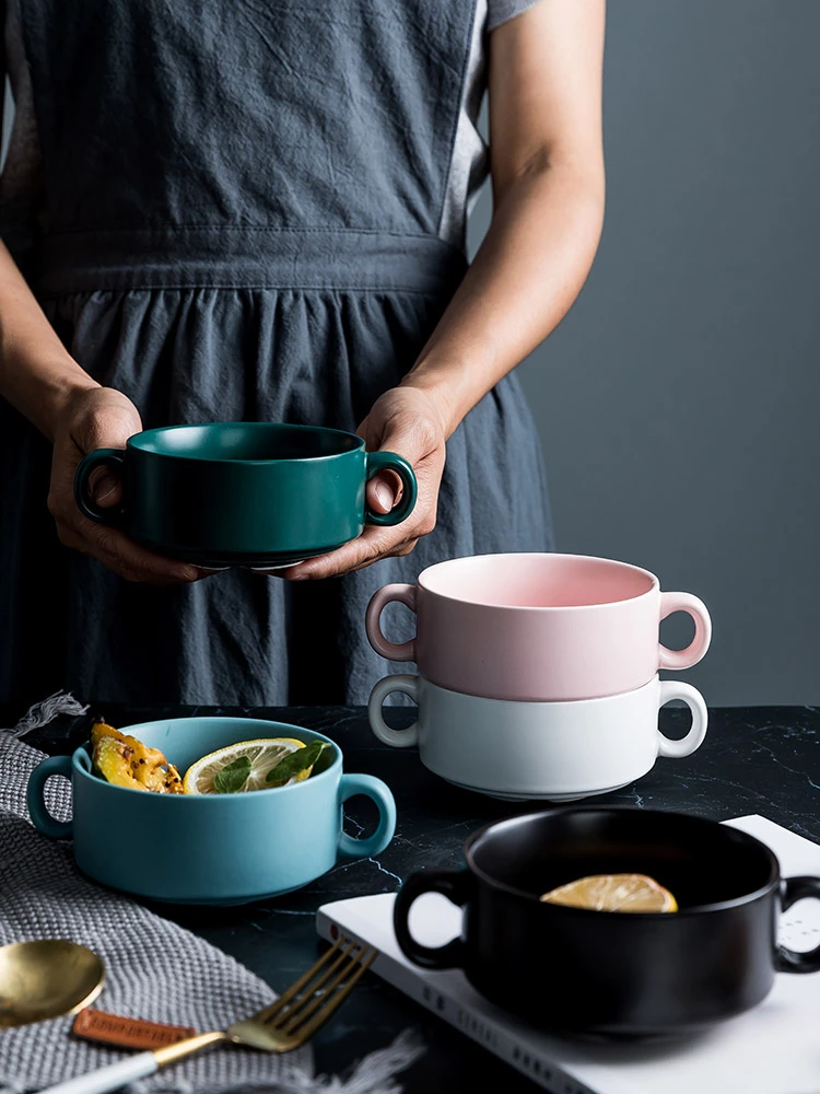 European Style Ceramic Binaural Round Baking Bowl Steamed Egg Dessert Cake Snack Bowl Oven