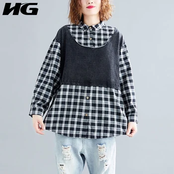 

HG Lattice Splice Fake Two Pieces Blouse Women Loose Plus Size Shirt Long Sleeve Retro Autumn Womens Tops and Blouses ZYQ1558