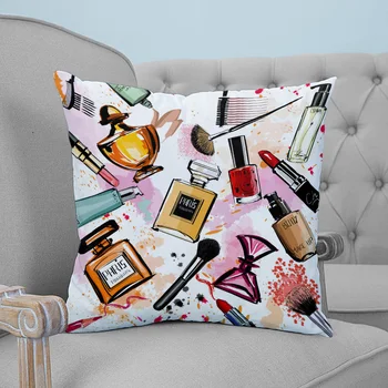 

Female Cosmetics Perfume Lipstick Bow Comb Pink Printed Throw Pillow Case Plush fabric Pillowcase Home Decorative Pillow Hot
