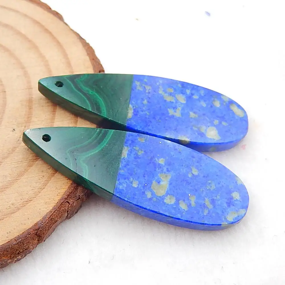 Wholesale,Natural Lapis Lazuli With Malachite Intarsia Gemstone Design  Fashion Teardrop Earrings Bead 40x14x3mm,9.3g