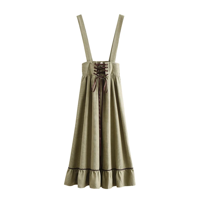 Qiukichonson Spring Summer Women Long Midi Suspender Skirt Teen Girls Preppy Style Cute Lace-Up High Waist Ruffle A-Line Skirts Light Green