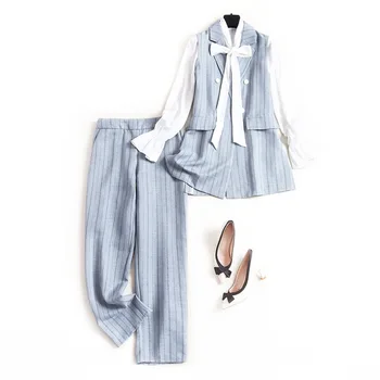 

Ellacey Fashion Striped Pants Suit Women 2020 Spring Chiffon Blouse Vest Straight Pants 3 Piece Set Women Costume High Quality