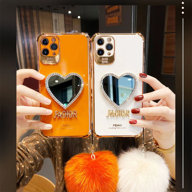 Luxury Plating Love Heart Mirror Hairball Phone Case For Iphone 13 12 11 Pro Max 7 Plus X XR Fashion Glitter Soft Silicone Cover apple 13 pro max case