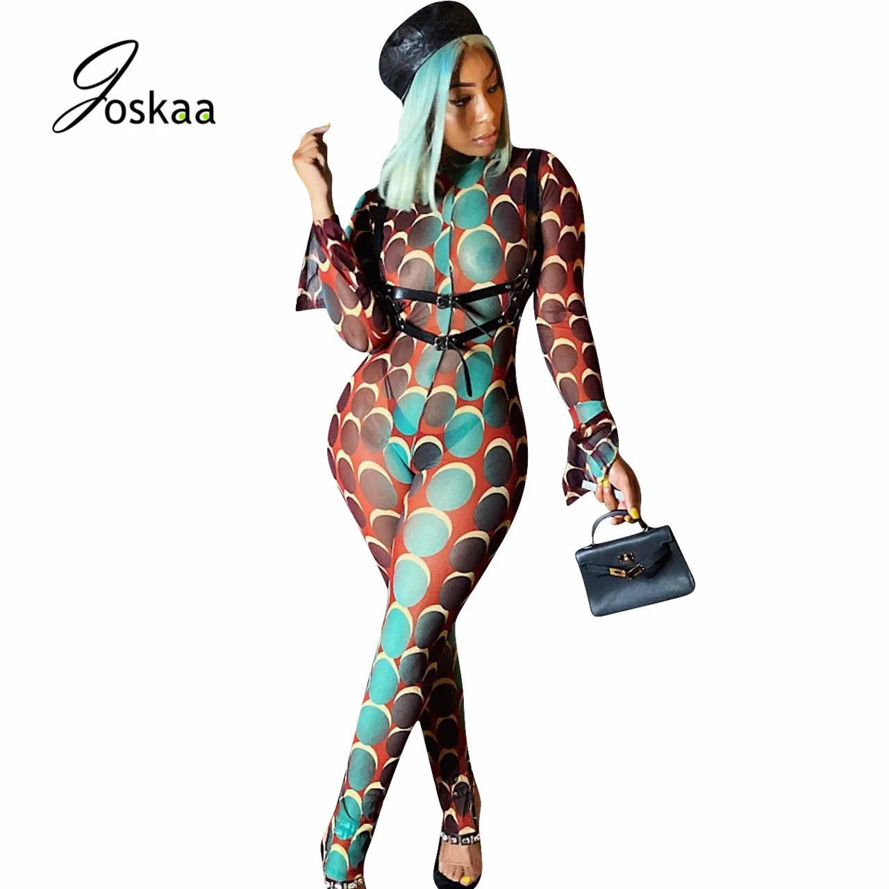 

Joskaa Mesh sheer Dotted Print patchwork crop top zip Flounce Tight overalls streetwear clubwear sexy casual women's Jumpsuit