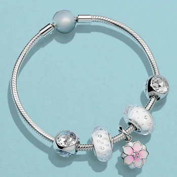 

NEW 100% 925 Sterling Silver Radiant Droplet Bead Effervescence Murano Glass Charm MAGNOLIA BLOOM HANGING CHARM Bracelet Set