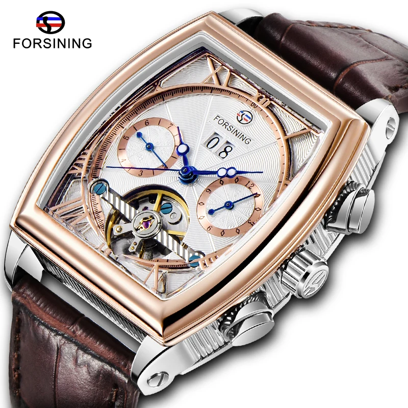 

Top Brand FORSINING Rose Gold Case Men Automatic Mechanical Clock Square Design Brown Leather Strap Watch Luxury Luminous Watch